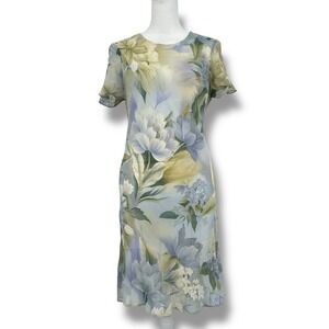 VTG 90s Floral Chiffon Midi Dress L Lined Soft Fairy Romantic Cottage Earthy US